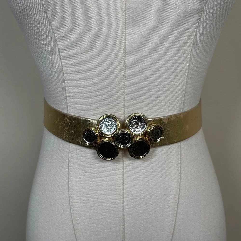 Vintage Coin Buckle Waist Belt Women OS Gold Metallic Medallion Statement 80s
